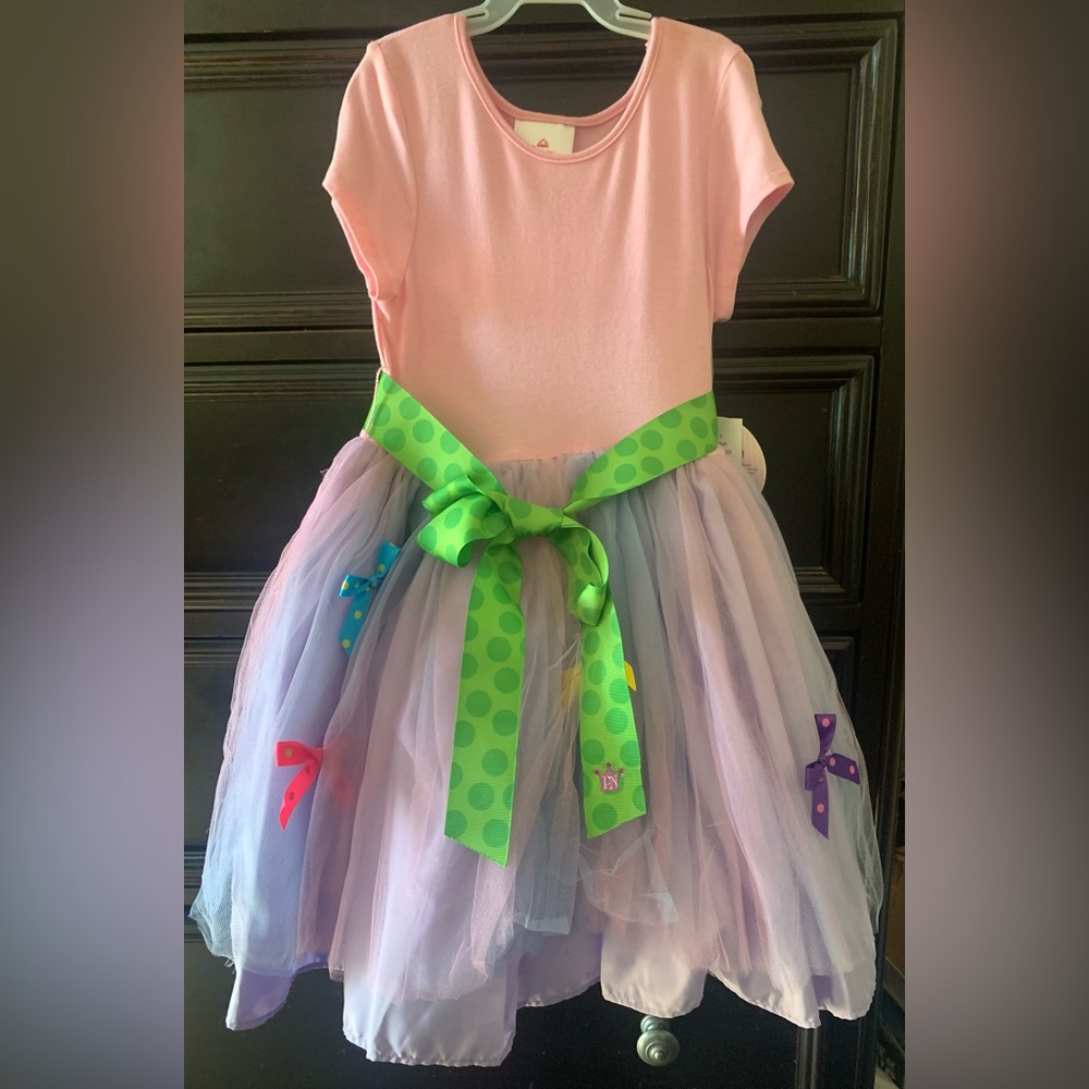 Pink and Lavender Tulle Party Dress with Green Polka Dot Sash for Kids